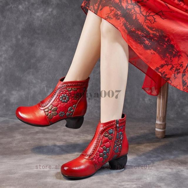 ショートブーツ 太めヒール 花柄 ブーツ レディース ラウンドトゥ 秋冬靴 カジュアルシューズ ブーティ エスニック 快適 歩きやすい 幅広 ママシューズ