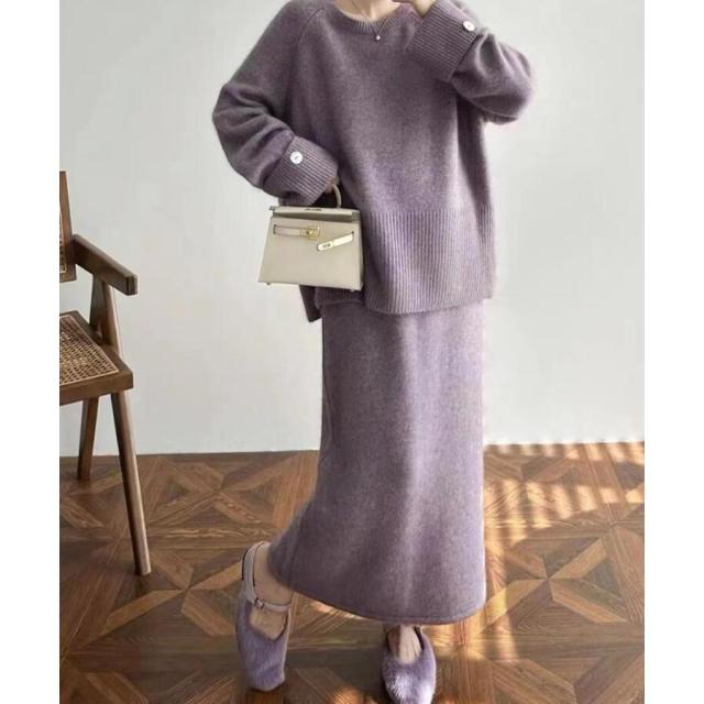 ニットセットアップ レディース セーター きれいめ ニットセーター 40代 秋冬 ニットスカート スカート 長袖 ハイネック ロングスカート スリット入り 歩きやす