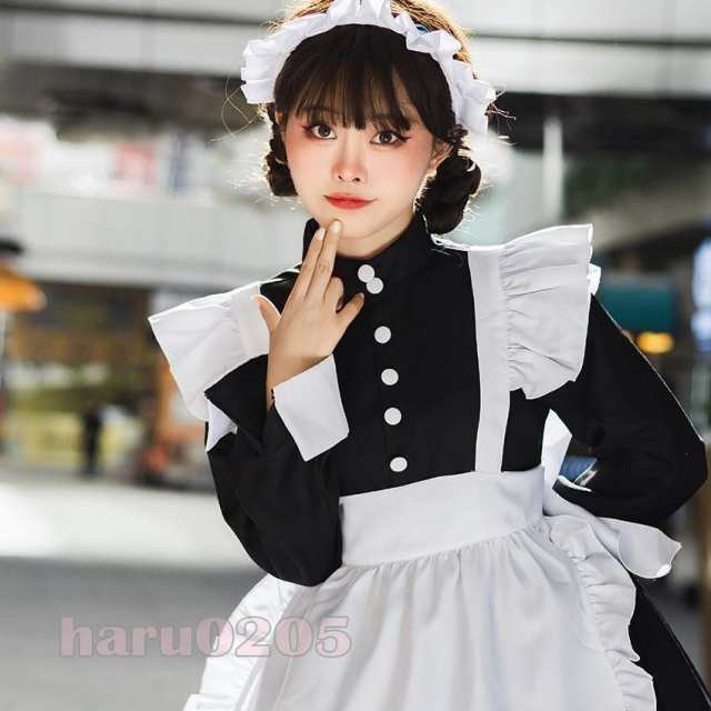 メイド服 ワンピース 長袖 レディース コスプレ 黒白 膝丈 エプロン 髪