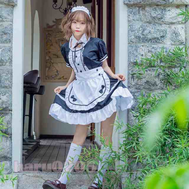 メイド服 ワンピース 半袖 黒白 ピンク レディース コスプレ 膝丈