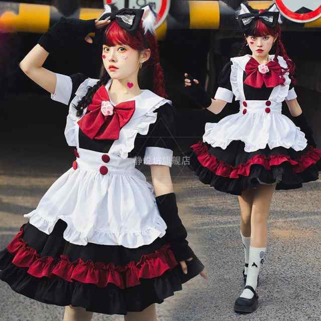 メイド服 ワンピース 黒赤 レディース コスプレ 膝丈 エプロン