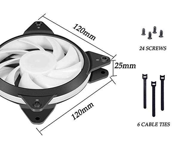 120mm PCケースファン RGB虹色 LEDリング搭載 静音タイプ 25mm厚 6本1