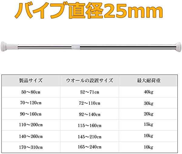 強力突っ張り棒 シャワーカーテンロッド 伸縮棒 つっぱり棒 幅50-260CM ステンレス 強い負荷 ドリル不要 室内物干し 部屋物干しの通販はau  PAY マーケット - ロールショップ