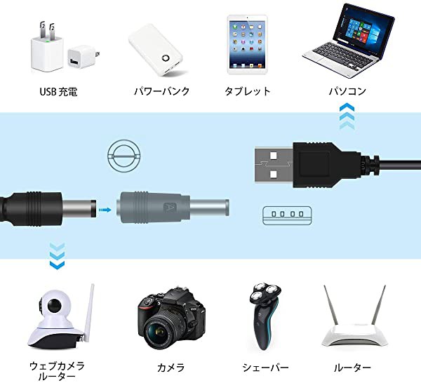 送料無料 DC ジャック 変換 アダプタUSB-DC電源ケーブル ブラック 11 in 1ユニバーサルUSB-DCジャック充電ケーブル電源コード カメラ  タの通販はau PAY マーケット - ロールショップ