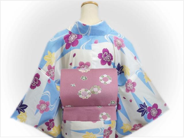 着物 洗える 単衣 小紋 と 軽装帯 付け帯 2点セット 水色白地桜楓流水 Ｍ Ｌ カジュアル きもの ひとえ プレタ 女性用 着物 洗える 単衣 小紋 と 軽装帯 付け帯 2点セット 水色白地桜楓流水