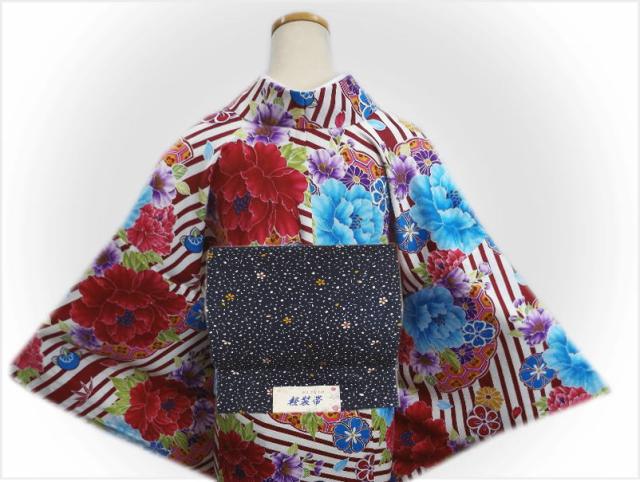 着物 洗える 袷 小紋 と 軽装帯 付け帯 2点セット 総柄赤色ストライプ