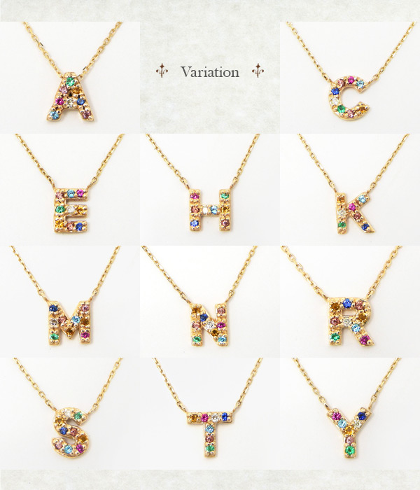 イニシャル ネックレス マルチストーン K10 K18 × YG PG WG_2
