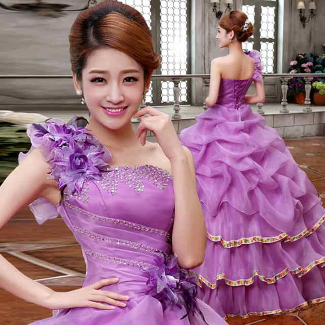 チュノアウェディング ラベンダー カラー ドレス パニエ 付き 紫 ピンク