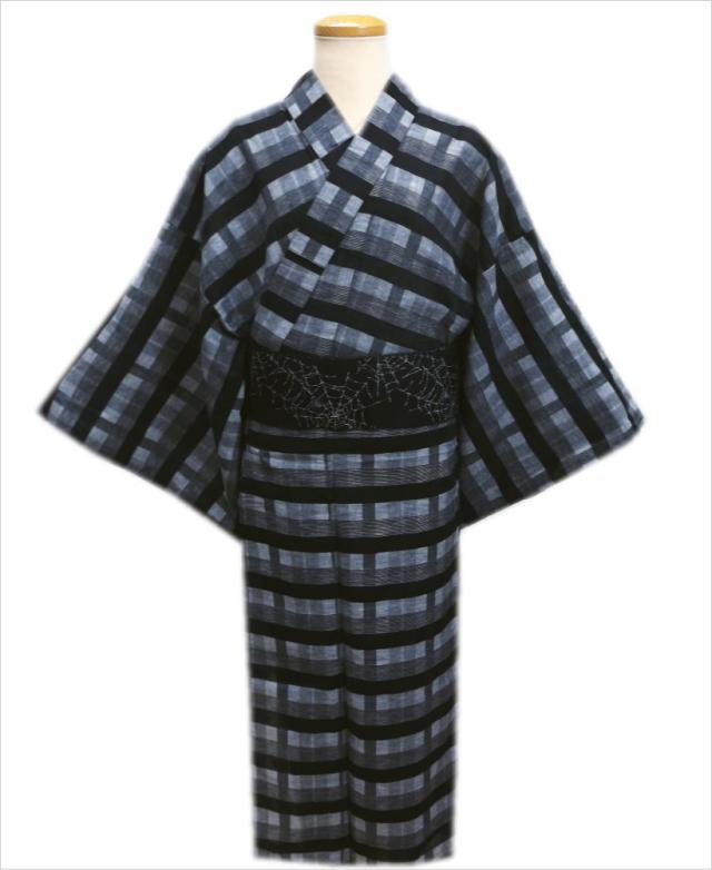 浴衣 綿麻 メンズ 男物 男性 ワンタッチ結び角帯 セット グレー地黒ライン格子 ｍ ｌ ｌｌ 粋 帯簡単の通販はau Pay マーケット 和さくら庵