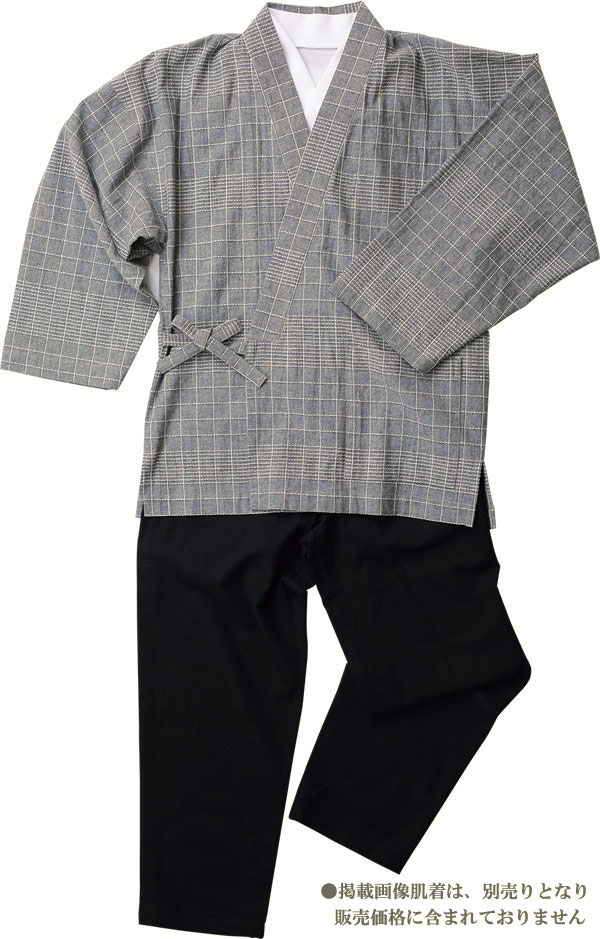 【樹亜羅-一杢】作務衣-綿100％　格子グレー　寛-1