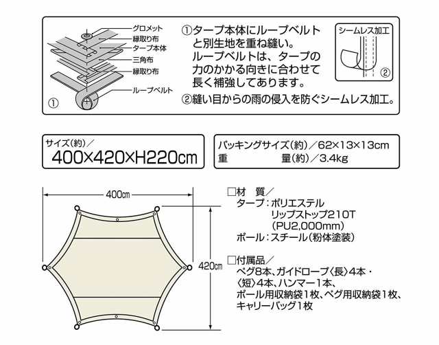 キャプテンスタッグCAPTAIN STAG タープ ヘキサゴン サイズ400×4