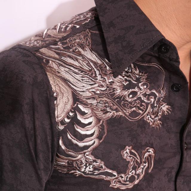 花旅楽団スクリプト 紅葉柄ジャガード 龍刺繍 長袖シャツ(SLS-603