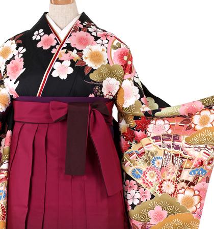 往復送料無料 全部揃って安心 大学 高校 小学生  2泊3日 卒業式袴 レンタル セット 黒地 No.055-0012