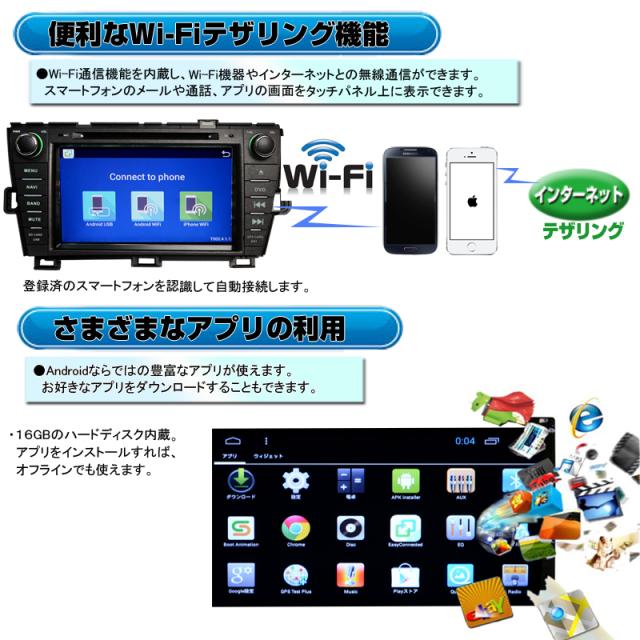 プリウス 8インチ Android9.0 DVDプレーヤー 4x4地デジ フルセグチューナーBluetooth 16GHDD WiFi アンドロイド スマホ iPhone接続 prius_3