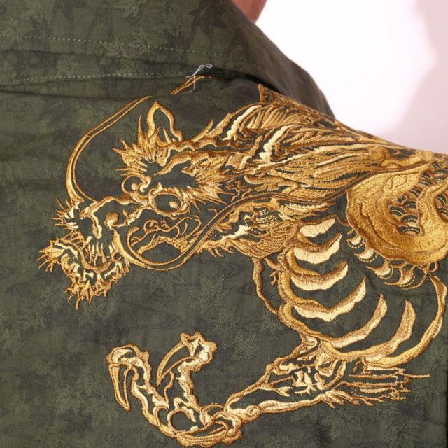 花旅楽団スクリプト 紅葉柄ジャガード 龍刺繍 長袖シャツ(SLS-603