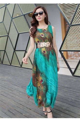カジュアル ナイトワークにも リゾート風にも 孔雀柄シフォン重ねワンピースロングドレス 緑青赤 Longer Longstre Longfure の通販はau Pay マーケット D M L ダンス ストリートファッション