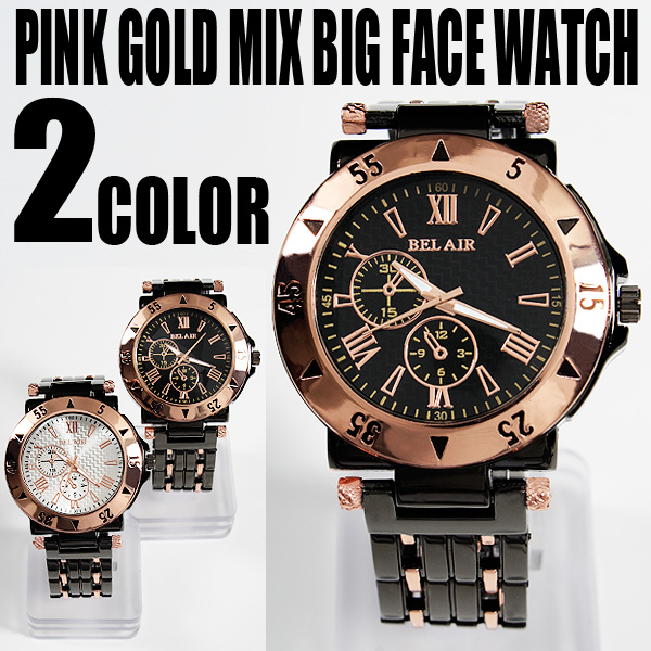 メンズ腕時計 ピンクゴールド Mix ビッグフェイス 腕時計 全2色の通販はau Pay マーケット エブリー Au Pay マーケット店