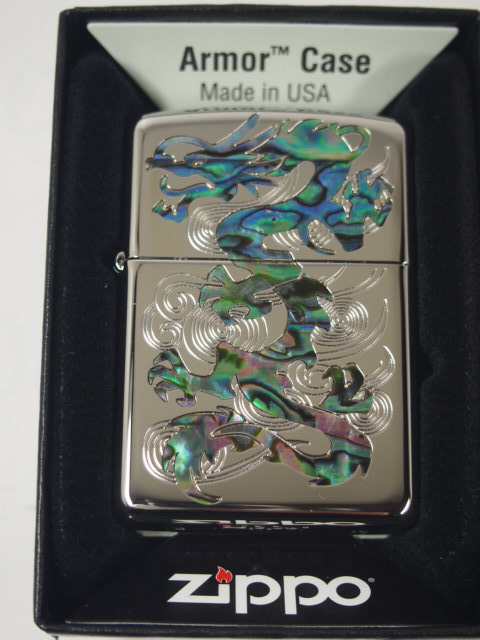 ジッポーZippo ARMOR ドラゴン リュウ 竜 龍 天然貝象嵌 黒蝶貝