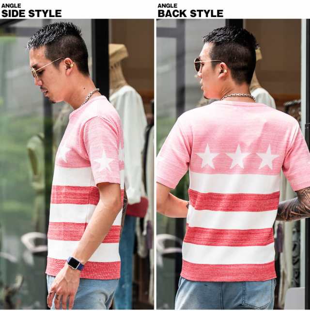 Tシャツ メンズ 半袖 半袖ニット 星条旗 ニット ボーダー 星柄 スター 夏メンズファッション ピンク Trend Dの通販はau Pay マーケット Joker