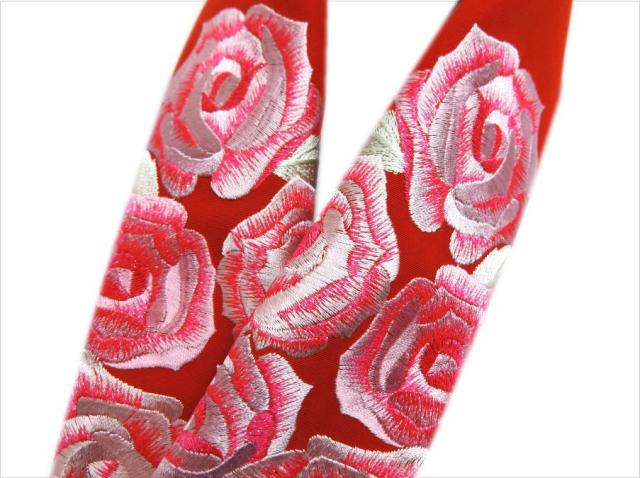 半衿 半襟 刺繍 日本製 赤色地ピンク薔薇 振袖 成人式 卒業式 袴 着物 半襟 刺繍 半衿 振袖 成人式 片身替り 薔薇 星 花 日本製