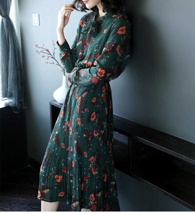 ロングワンピース 新作 春 グリーン ファション 花柄 レディース キレイめ着痩せ 長袖 ドレス ワンピース 通勤の通販はau Wowma Days