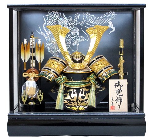 京寿 五月人形 兜飾り ケース入り 木製弓太刀付 間口43×奥行30×高さ41cm 10号中鍬角兜ケース飾り YN51320GKC