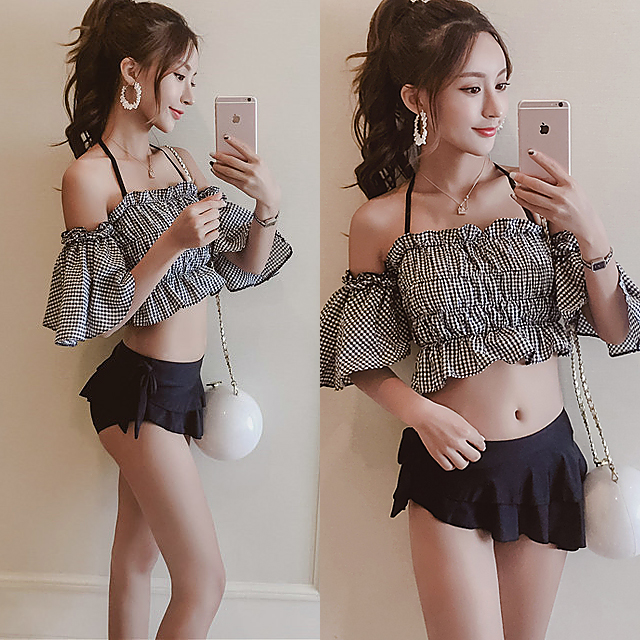 即納 21新作水着 ギンガムチェック 体型カバー 二の腕 オフショル ビキニ フリル バンドゥ パッド付き ワイヤー入り 3サイズの通販はau Pay マーケット 土日祝も即日発送 Fleur フルール