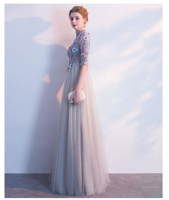 グレー 長袖 ドレス チュールスカート GIRL DRESS FOR NOW ドレス レース×チュールプリーツ フレア