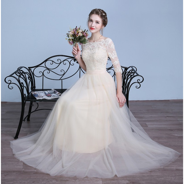 二次会 ドレス 七分袖 結婚式 ドレス ワンピース 袖あり ロングドレス ウェディングドレス 同窓会 ピアノ 演奏会 成人式lf030の通販はau Pay マーケット フジモトショップ