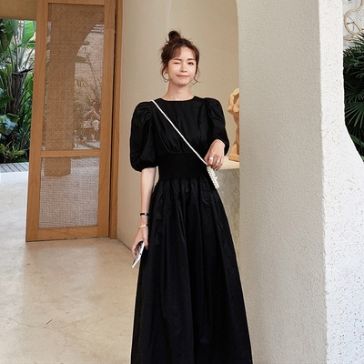 ロング ワンピース 送料無料 個性 5分袖 パフスリーブ クルーネック ウエストマーク フレア かわいい 大人可愛い きれいめ シンプル カジュアル 上品 おしゃれ 存在感 主役級 抜け感 こなれ感 とろみ感 無地 夏 レディース ママ OL 学生 ロング ワンピース 送料無料 個性 5分袖 パフスリーブ クルーネック