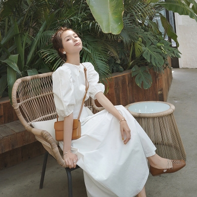 ロング ワンピース 送料無料 個性 5分袖 パフスリーブ クルーネック