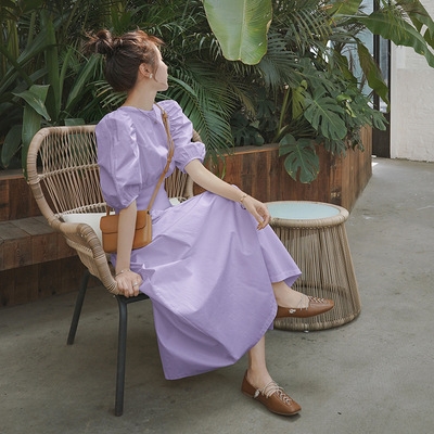 ロング ワンピース 送料無料 個性 5分袖 パフスリーブ クルーネック