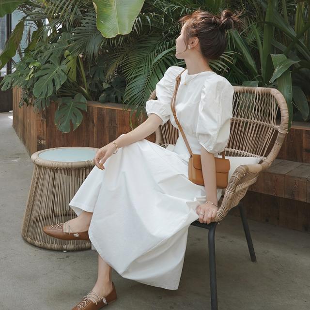 ロング ワンピース 送料無料 個性 5分袖 パフスリーブ クルーネック