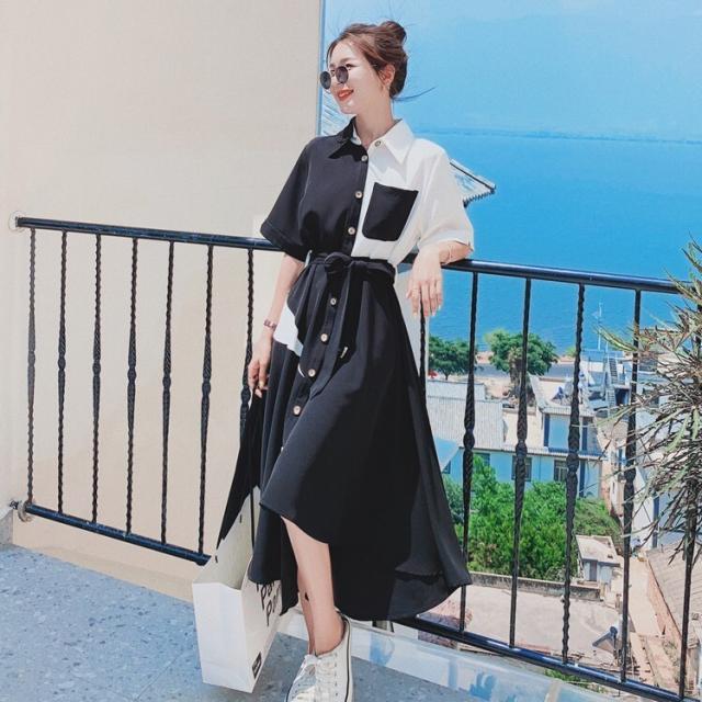 シャツ ワンピース 送料無料 個性的 前開き ボタン ロング 長袖 襟付き ウエストマーク フレア Aライン かわいい 大人可愛い きれいめ シンプル カジュアル 上品 おしゃれ 主役級 存在感 アシンメトリー レディース OL 学生 通学 お出かけ_