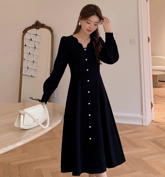 ドレス ワンピース 送料無料 ボタン パール 前開き フレア 長袖 ハイウエスト かわいい 大人可愛い きれいめ 上品 シンプル カジュアル おしゃれ 主役級 存在感 こなれ感 抜け感 とろみ感 ガーリー エレガント レトロ レディース 学生 OL
