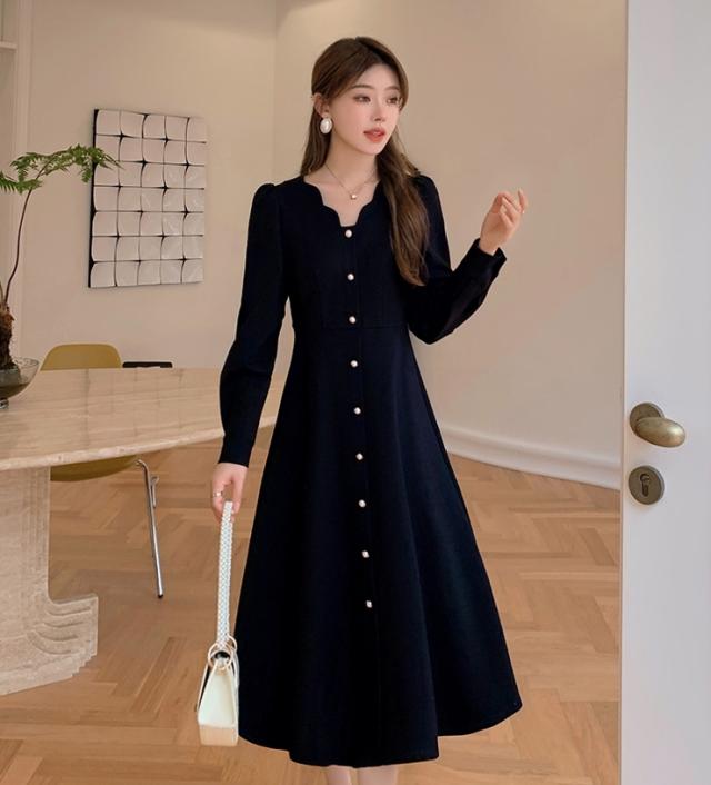 ドレス ワンピース 送料無料 ボタン パール 前開き フレア 長袖 ハイ