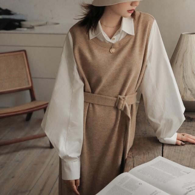 レイヤード ワンピース 送料無料 個性 長袖 襟付き ウエストマーク ミモレ Aライン かわいい 大人可愛い きれいめ 上品 シンプル カジュアル おしゃれ 主役級 存在感 こなれ感 とろみ感 抜け感 ガーリー レトロ レディース 学生 ママ OL