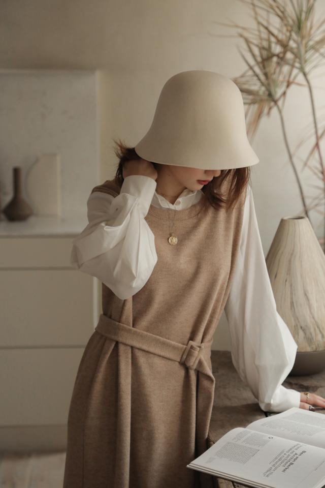 レイヤード ワンピース 送料無料 個性 長袖 襟付き ウエストマーク