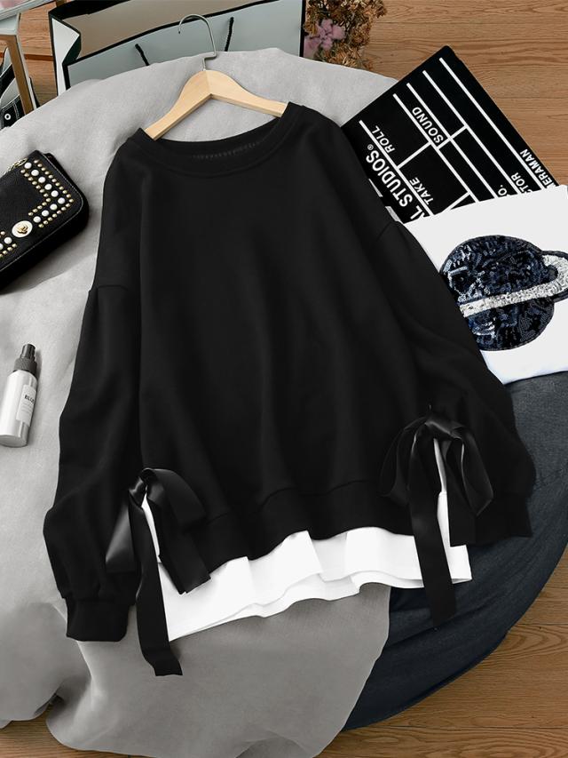 トップス トレーナー 送料無料 個性的 スウェット カットソー 重ね着風 袖あり 長袖 バットスリーブ ラウンドネック 襟なし ストレート リボン コットン_ かわいい 大人可愛い カジュアル おしゃれ ガーリー ラフ ルーズ 無地 秋 冬 誕生日 トップス トレーナー 送料無料 個性的 スウェット カットソー 重ね着風