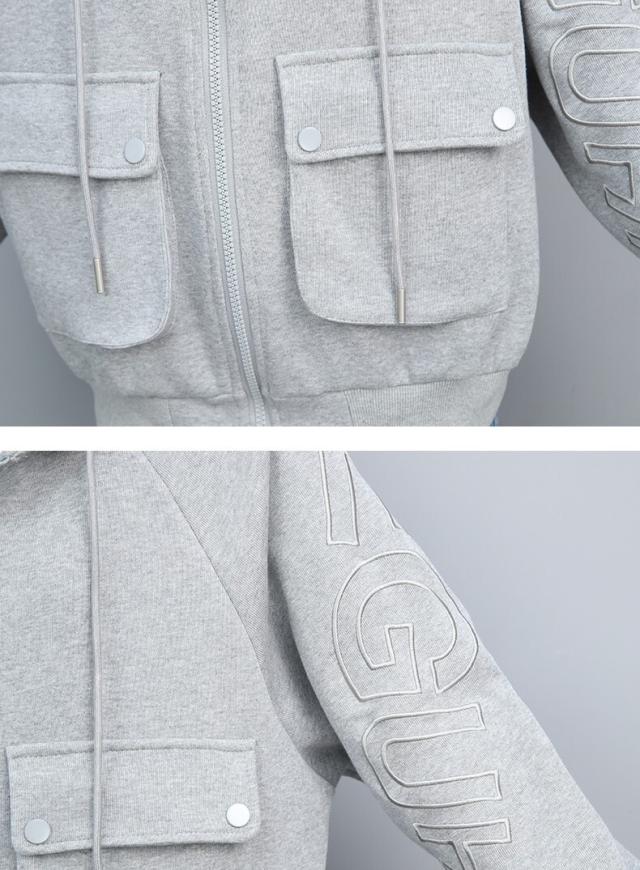 オーバーサイズ 袖ロゴ刺しゅう ジップアップ フーディジャケット