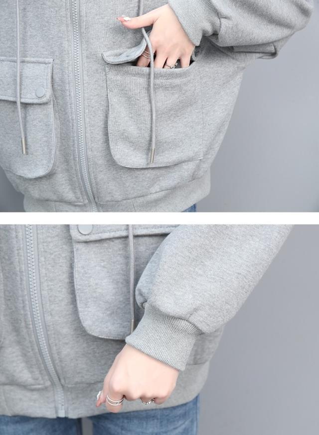 オーバーサイズ 袖ロゴ刺しゅう ジップアップ フーディジャケット