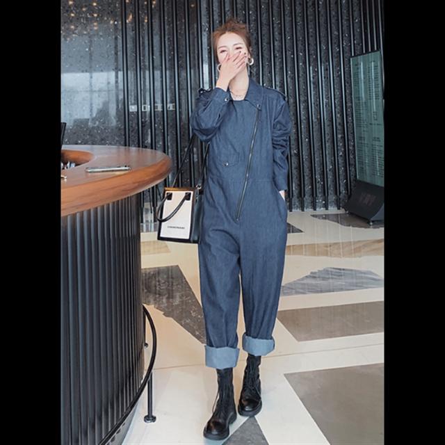 デニム ジャンプスーツ セットアップ オールインワン ロング丈 袖あり