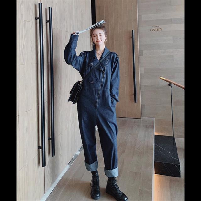 デニム ジャンプスーツ セットアップ オールインワン ロング丈 袖あり