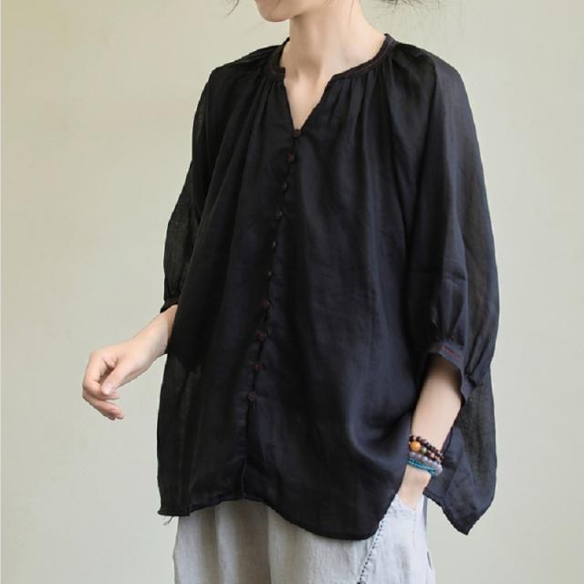 トップス シャツ ミディアム丈 袖あり 七分袖 Vネック 襟なし ストレート ワイド かわいい 大人可愛い きれいめ シンプル カジュアル 大人 上品 おしゃれ 大人女子 こなれ感 ラブリー 個性的 無地 春 夏 秋 10代 20代 30代 レディース 女性用 OL 通勤 学生 通学 デート