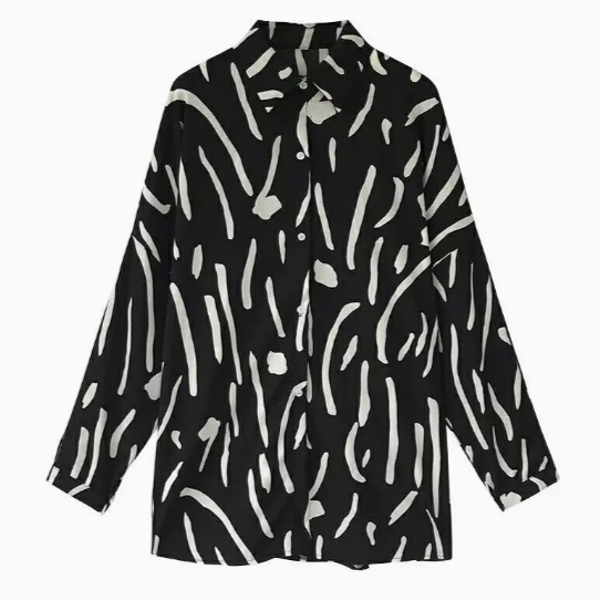 トップス シャツ 袖あり 長袖 Vネック 襟付き ストレート Iライン 前開き 薄手 かわいい 大人可愛い カジュアル 大人 おしゃれ お洒落 かっこいい レトロ 大人可愛い 大人女子 こなれ感 ラフ マニッシュ 個性的 クール モード系 モダン 主役級 存在感 とろみ感 抜け感 柄 春 トップス シャツ 袖あり 長袖 Vネック 襟付き ストレート Iライン 前