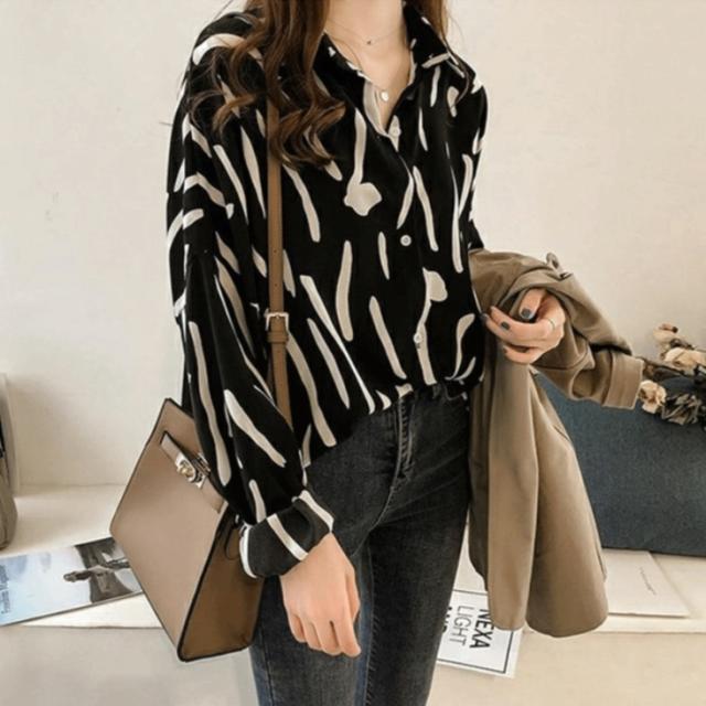 トップス シャツ 袖あり 長袖 Vネック 襟付き ストレート Iライン 前