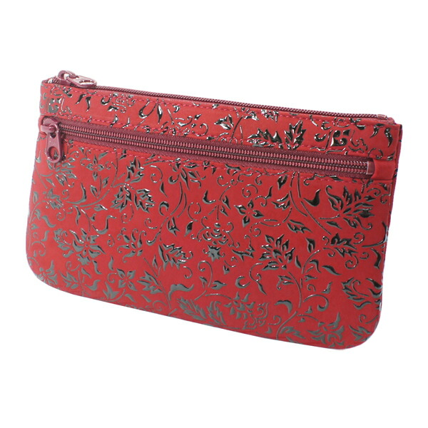 印伝 甲州印伝 印傳屋 上原勇七 ポーチ 通帳入れ 4407 花唐草 赤地×黒