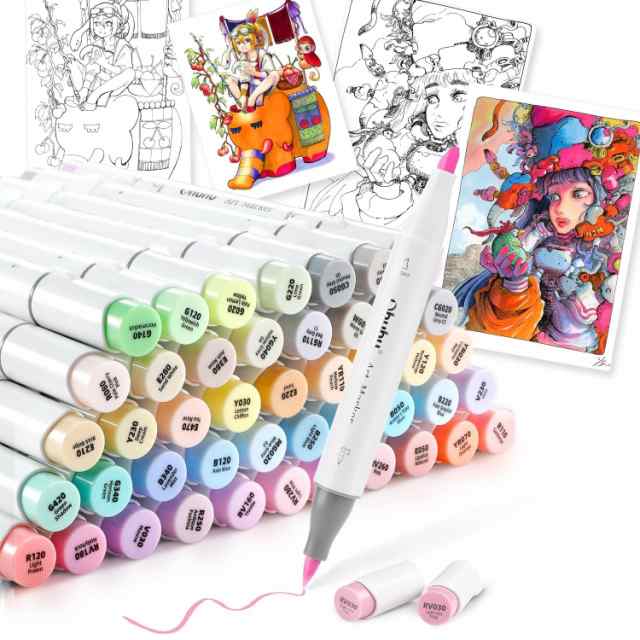 OHUHU マーカーペン 筆タイプ 48薄色 プロ愛用 パステル イラスト イラストマーカー 筆・太字 ブレンダーペン1本付き HONOLULU シリーズ