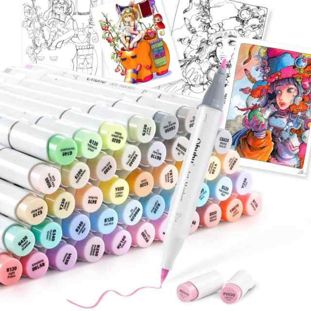 OHUHU マーカーペン 筆タイプ 48薄色 プロ愛用 パステル イラスト イラストマーカー 筆・太字 ブレンダーペン1本付き HONOLULU シリーズ