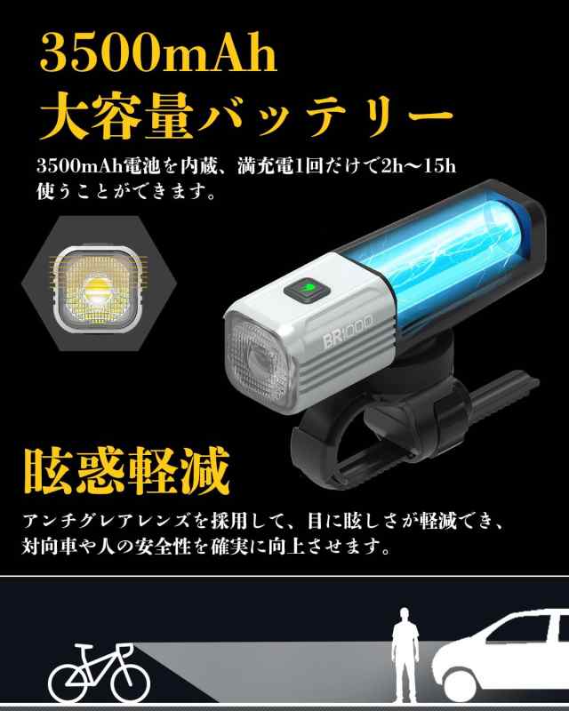 自転車 ライト 吊り下げ可能 ロードバイクライト 大容量3500MAH 1000ルーメン 軽量 サイクルライト 下付け「自動点灯&リモコン制御可能」